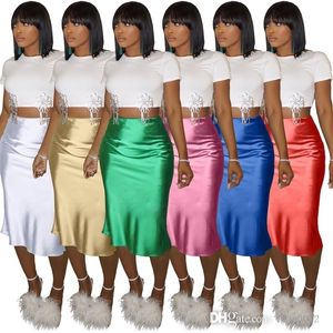 Kadınlar İçin Yüksek Elastik Satin Etek İlkbahar ve Yaz Giyim Gece Kulübü Tarzı Düz ​​Renkli Parlak Yüz İpek Etekler
