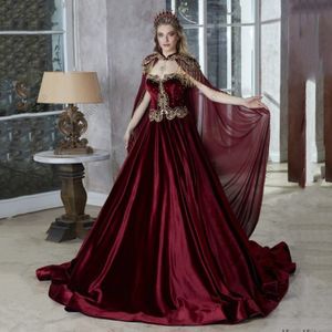 Burgundy Caftan Evening Dresses With Cape Gold Beading Moroccan kaftan Prom Dress Party Gown Vestido De Festa