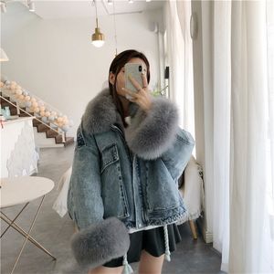 Winter Thick Warm Coat Women Real Fur Denim Jacket Korean Fur Collar Rex Rabbit Liner Bat Sleeve Loose Female Parka 201126
