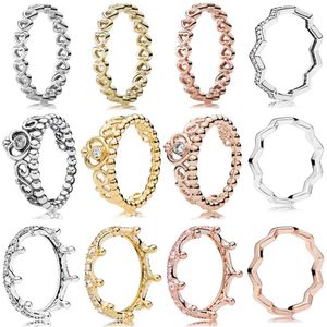 Novo Sterling Silver Ring Classics OpenWork Linked Love Heart Princesa Tiara Royal Crown Ring For Women Gift Pandora Jewelry331p