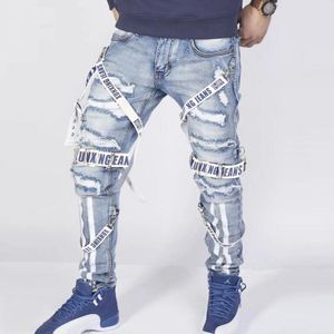 Mäns jeans herr sommar lösa byxor 2022 trendig gata kollokation design höst raka byxor rippade motorcykelpojke byxor