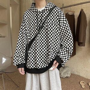 Men's T-Shirts Checkerboard Lattice Plaid Print Spring Fall Cool Fashion Hooded Long Sleeve Men T Shirts Loose Clothes Korean 2022 Streetwea