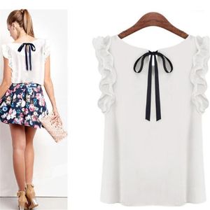 Women's Blouses & Shirts Summer 2022 Sexy Chiffon Shirt Elegant Bow Tie Blouse Casual O-Neck Butterfly Sleeveless White Women Roupas