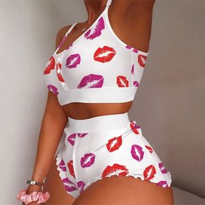 2 Pieces Red Lips Pajamas For Girls Set Autumn Women Sleepwear Sleeveless Cami Nightgown Female Ladies Sexy Lingerie Pyjamas 220527