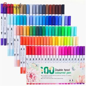 Art Marker 24/36/48/72/100PCS Farben FineLiner Zeichnung Malerei Aquarell Kunst Marker Stifte Dual Spitze Pinsel Stift Schule Liefert 210226