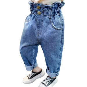 Barn jeans ruffles jeans för flickor hög midja jeans för barn flickor casual stil barn kläder vår hösten 210412