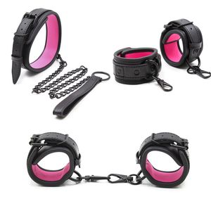 Black Rosy Soft PU Leather BDSM Bondage Handcuffs Wrist Ankle Cuffs Neck Collar with Connected Hook Set Slave Role Play sexy Toys Beauty Items