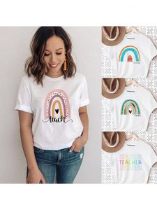 Teach Love Rainbow Tee Print White T-shirt Teacher Life Short Sleeve Harajuku Aesthetic Women Quotes Graphic T Shirts Clothes