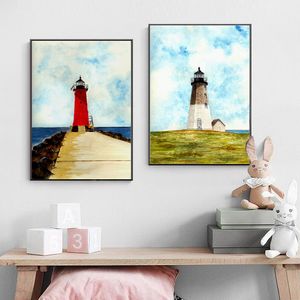 Lighthouse On the Coast Watercolour Oil Painting Canvas Print Wall Art Pictures Cartoon Posters and Prints Child's Bedroom Decor