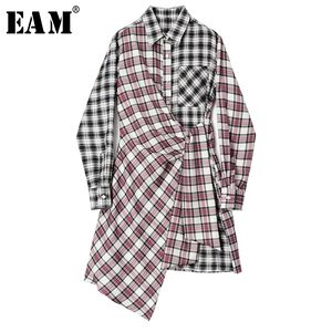EAM Women Black Red Plaid Asymmetrical Dress Lapel Long Sleeve Loose Fit Fashion Spring Autumn 1S646 210303
