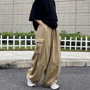 Houzhou Harajuku Streetwear Khaki화물 바지 대형 포켓 힙합 블랙 넓은 다리 바지 여성 한국어 패션 220325