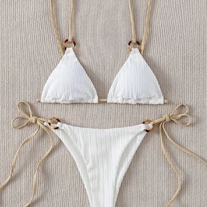 Sexy Bikini-Set, süßer weißer, schlichter Ring, verbundener Spaghettiträger, Dreieck-Tanga, Biquini-Badeanzug, Bademode, Damen-Badeanzug, B0 220504