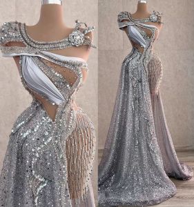 2022 Sier Evening Dresses Mermaid Sequins Crystals Floor Length Sexy Illusion Side Slit Custom Made Prom Party Ball Gown Formal Ocn Wear 401 401