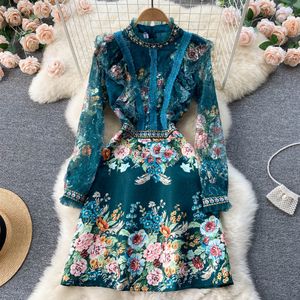 French Style Elegant Splice Dress Women Spring 2022 Zipper High Waist Famale Slim Lace Beading Floral Dress