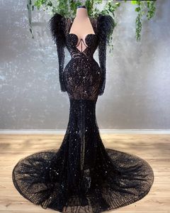 Unique Black Feathers Prom Dresses See Through Illusion Evening Dress Custom Made Sequined Beaded Women Formal Floor Length Celebrity Party Gown