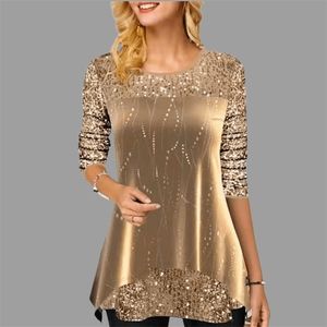 Sequins T-shirt Kvinna Spring Toppar V-Neck Full Sleeve Lace Splice Print Boho Women Shirt 4XL 5XL 220321