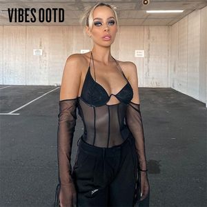 VIBESOOTD Mesh Durchsichtiges Neckholder-Top und Blusen, Hemden, Mode, Club, Party, sexy, schwarzes, kurzes Oberteil, Hemd 220725