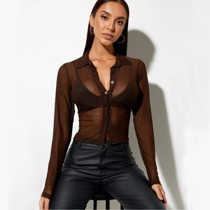 Women's Blouses & Shirts Lh0496 Women Short Long Sleeve Perspective Midriff-Baring Skinny Casual Sexy Club Party Outdoor Holiday Fashion