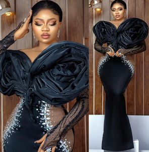 2022 Plus Size Arabic Aso Ebi Black Mermaid Stylish Prom Dresses Pärled Crystals Evening Formal Party Second Reception Födelsedagsförlovningsklänningar Klänning