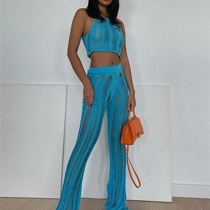KLALIEN Women Tracksuit Fashion Sexy See Through Crop Top and Flare Pants Two Piece Set Female Streetwear Y2K Activewear Suit 220509
