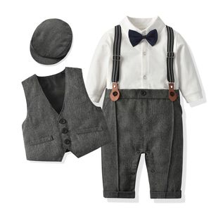 男の子の男の子のフォーマルな服セット生まれた男の子紳士誕生日ローマン衣装帽子ベスト長袖幼児ジャンプスーツスーツドレス220326