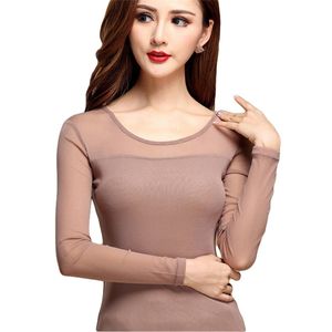 Tops Women Sexy Mesh Camicia da camicetta elastica per lavoro Trote in pizzo a maniche lunghe casual e camicette Hollow Woman Autunno 210308