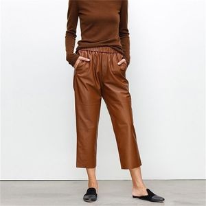 Genuine leather harem pants Women's real sheepskin trousers high waist plus size women pants new Elastic waist streetwear 201112