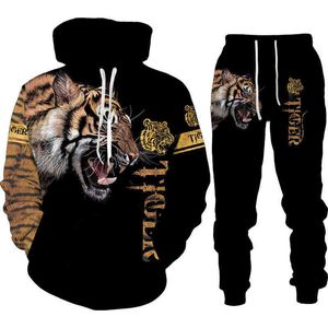 Animal 3D Tiger Lion Printed Men's Hooded Sweater Set Men's Sportswear Tracksuit Long Sleeve Autumn Winter Men's Clothing Suit G1217