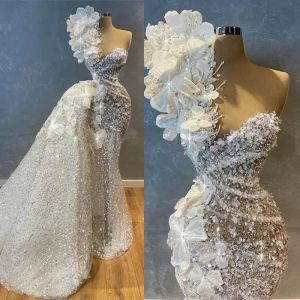 Sparkly Sequins Mermaid Evening Dresses One Shoulder Strap Sleeveless Handmade Flowers Custom Made Prom Party Ball Gown Formal Ocn Wear Plus Size 403