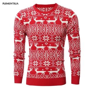 PUIMENTIUA Christmas Style Men Autumn Winter Pullover Sweater Deer Printed Long Sleeve Thicken Warm O-Neck Sweaters Men 201126