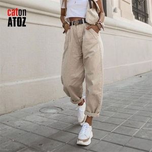 CatonATOZ 2248 Khaki Weibliche Cargo Hosen Hohe Taille Harem Lose Jeans Plus Größe Hosen Frau Casual Streetwear Mom Jeans 210302