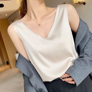 Damskie Bluzki Lato Szyfonowa V Neck Plus Size Satynowe Biuro Czarne Kobiety Tunika Eleganckie Koszule Silk Sling Kamizelka Kobieta Top 220318