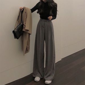 Women Loose Summer Pants Soft Ice Silk Ankle-Length Black Wide Leg Grey Khaki High Waisted Trousers stacked pants 220325