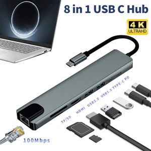 Hub USB C 8 in 1 adattatore HDMI tipo C da 3.1 a 4K con lettore di schede SD/TF RJ45 Dock USB Thunderbolt 3 a ricarica rapida PD per MacBook Pro