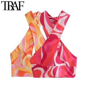 TRAF Mulheres Sexy Moda Impresso Y2K Cropped Crown Tank Tops Vintage Backless Elastic Bow Ties Strap Feminino Camis Mujer 220316