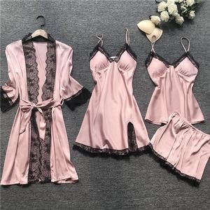 4PcsLot Sexy Womens Robe & Gown Sets Lace Bathrobe Night Dress Sleepwear Womens Sleep Faux Silk Femme Lingerie Y200429