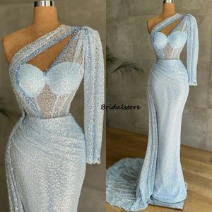 Świecący Lekki Niebieski Cekiny Prom Dresses 2022 Sexy Jedno ramię Syrenka Suknia wieczorowa Open Szyi Długa Formalna Dress Plus Size Druga recepcja Guest Dress for Afryka