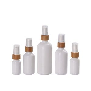 Packing White Glass Bottle Round Shoulder Bamboo Wooden Collar White Lotion Spary Pump Portable Refillable Cosmetic Packaging Container 10ml 15ml 30ml 50ml 100ml