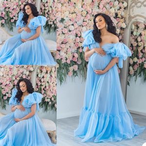 Blå Ruffle Plus Storlek Prom Gravid Ladies Maternity Sleepwear Klänning Nattklänningar för Photoshoot Underkläder Bathrock Nightwear Baby shower