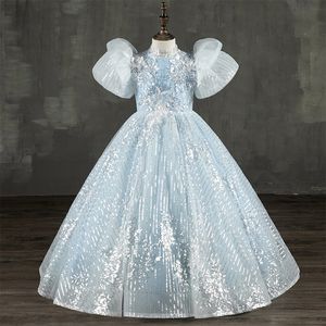 2022 Mavi Çiçek Kız Elbise Jewel Boyun Balo Dantel Aplikler Boncuk Yay Çocuklar Kızlar Pageant Elbise Sweep Tren Payetli Doğum Günü Abiye