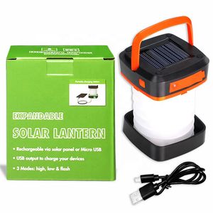 Solar Powered LED Camping Lantern Lamp Outdoor Fishing Tent Lights Collapsible Solar or USB Rechargeable Charger for Phone