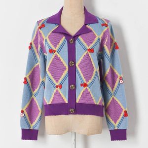 Женские трикотажные трикотажные фиолетовые ромб-вышивающие вышивающие строчки винтаж кнопка любви к пуговицам с длинными рукавами с длинными рукавами пружина с длинными рукавами