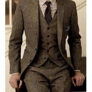 Vintage wełna Tweed 3piece Brown Khaki Herringbone Suit Niestandardowy Slim Fit T200303