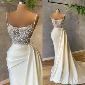 2022 Luxury Pearls Spaghetti Evening Dress Beading Sequins Ruched Prom Gowns Satin Sweep Train Mermaid Party Dresses B0424