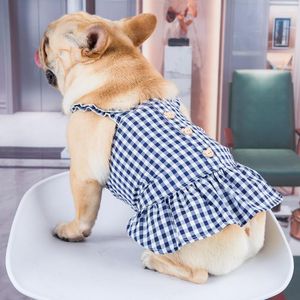 犬のアパレルサマードレスハットセットペット格子縞のスーツウェディングドレスチワワパグヨーキーパピー服セルドッグのベアボタンコスチューム