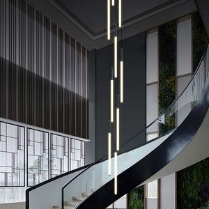 Şube Işık Fikstürü toptan satış-Modern Tüp LED Şube Avizesi Kolye Lambalar Merdiven Siyah Hat Yaratıcı Tasarım Aydınlatma Fikstürü Kapalı Ev Parlaklığı Uzun Asma Lamba