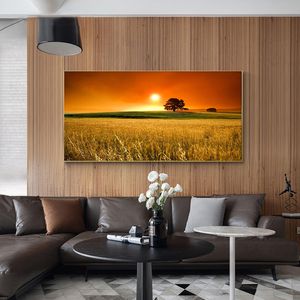 Golden Field Tree Sunset Glare Landscape Wall Art Canvas Painting Posters and Prints Modern Wall Picture for Living Room Decor