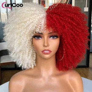 Kort hår afro kinky lockiga peruker med lugg för svarta kvinnor cosplay lolita syntetisk ombre glueless blond rosa röd peruk curlcoo 220707