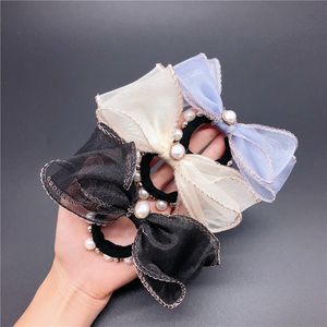 Korean Temperament Sweet Chiffon Lace Bow Imitation Pearl Rubber Band Hair Rep Fashion Girl Women's Ponytail Hair Accessories