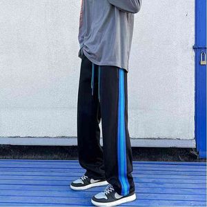 2022 Erkekler Mavi/Siyah Renk Sıradan Pantolon Büyük Boy Cadde Gevşek Pantolon Düz Pantolon Moda Trend Sweatpants M-3XL G220713